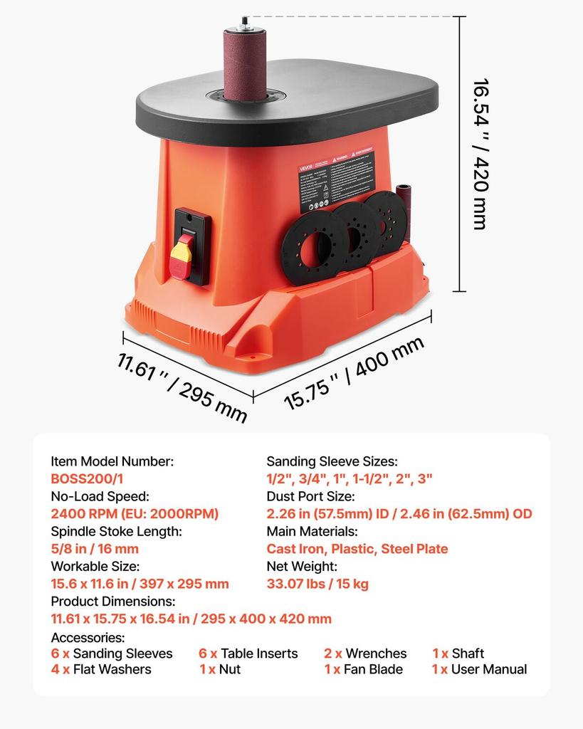 Oscillating Spindle Sander, 2000RPM Benchtop Spindle Sander with 6 Sleeves (12.776.2 mm), 16mm Stroke & 397 x 295 mm Cast Iron Table for Furniture