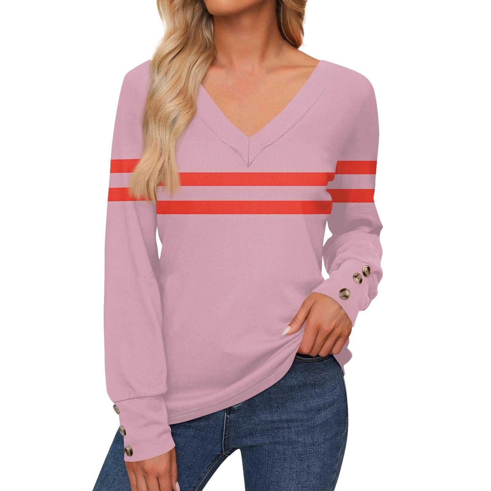 

Женская повседневная модная полосатая рубашка с длинными рукавами и манжетами на пуговицах с V-образным вырезом, свободная футболка, осенняя одежда M