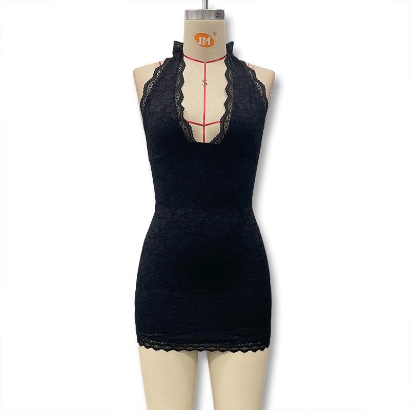 2026 Fashion V-neck Lace Summer Suspender Short Dress Bodycon Sleeveless Party Club Short Dress Halter Neck Women's Backless Sexy Slim Mesh Miniskirt