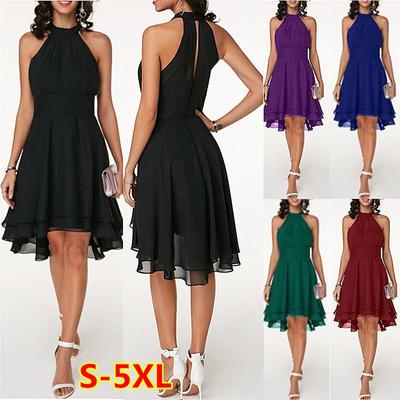 Ladies Halter Neck Wedding Evening Party Dress Summer Dress Layered Cutout Back Chiffon Sleeveless Dress