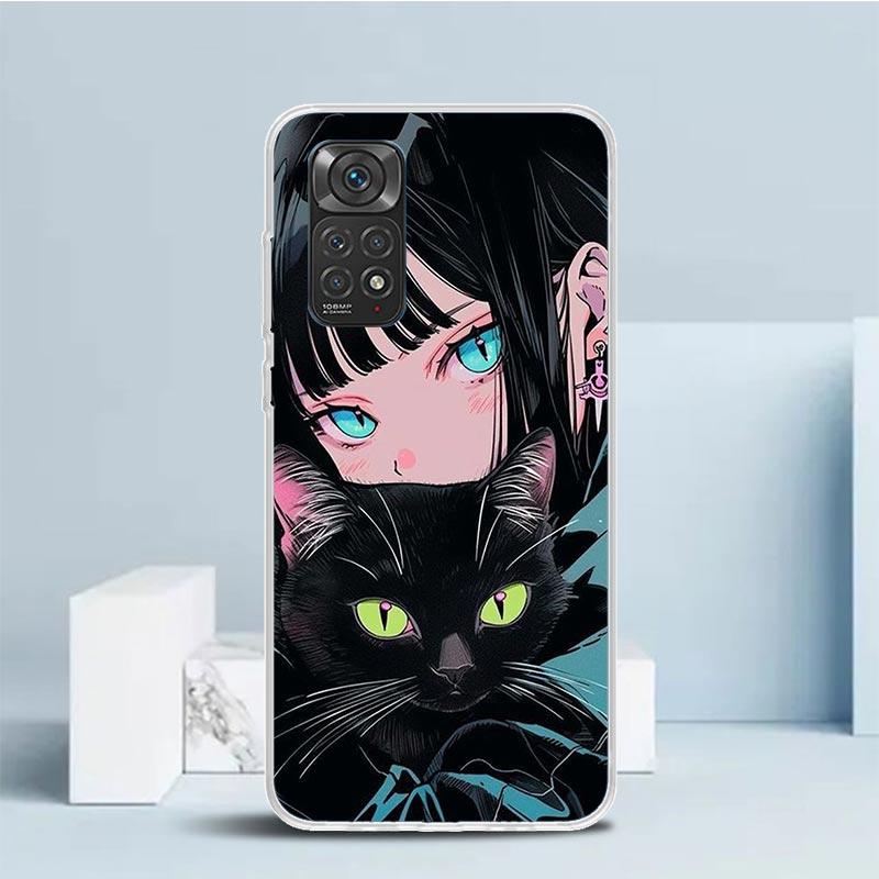 Anime Girls Cute Black Cat Phone Case For Xiaomi Redmi Note 15 14 14S 13 12S 12 Pro Plus 11S 11 11T 11E 10S 10 + Soft TPU Back C