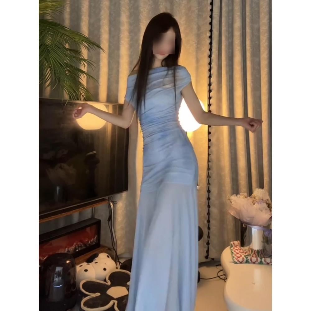 Wind tube top tulle dress women's summer thin holiday slanted shoulder atmosphere slightly transparent kinked long dress