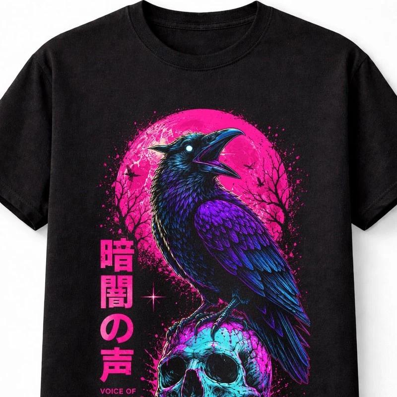 Raven Skull Japanese Cyberpunk Horror Graphic Black Unisex TShirt S