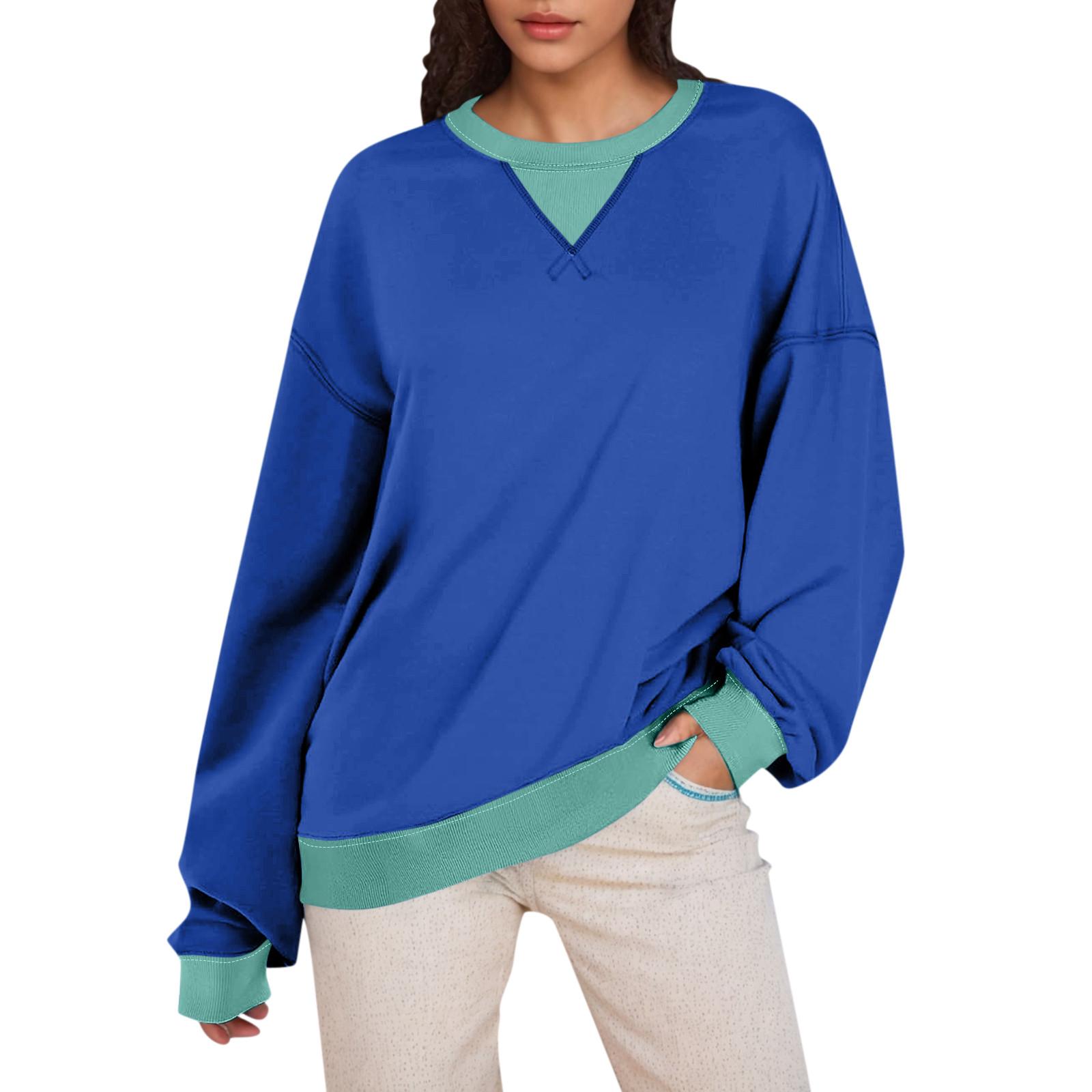 

Женская толстовка большого размера с цветными блоками, толстовки с длинным рукавом, рубашка с круглым вырезом, осенний пуловер, топ, модная одежда XL синий