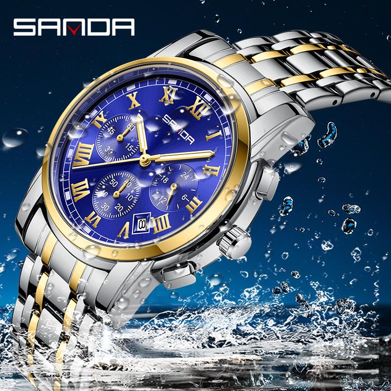 Sanda Men's Waterproof Luminous Quartz Watch - Fashionable Three-Eye Six-Hand Design with Steel Band.