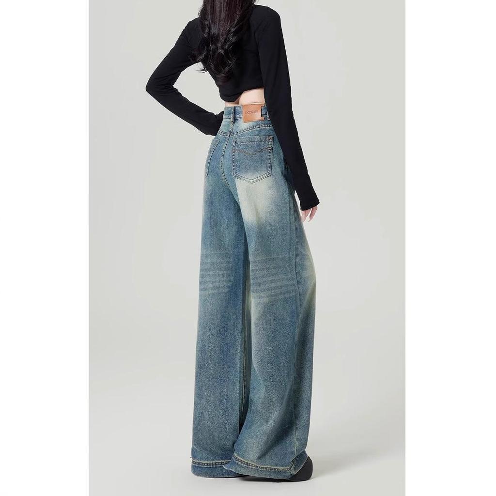 2025 Women's High Waist Retro Washed Wide Leg Jeans - Nostalgic Loose Straight Mop Pants