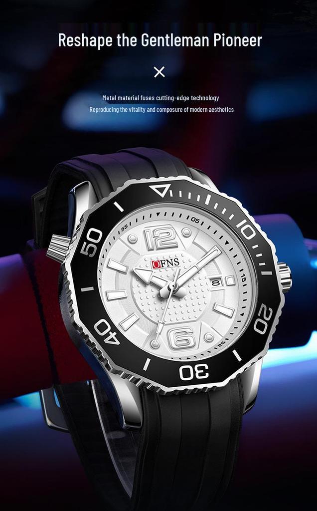 OFNS Men's Rotating Bezel Quartz Watch: 3D Numerals, Waterproof, Steel Strap, Ideal for Business & Commuting