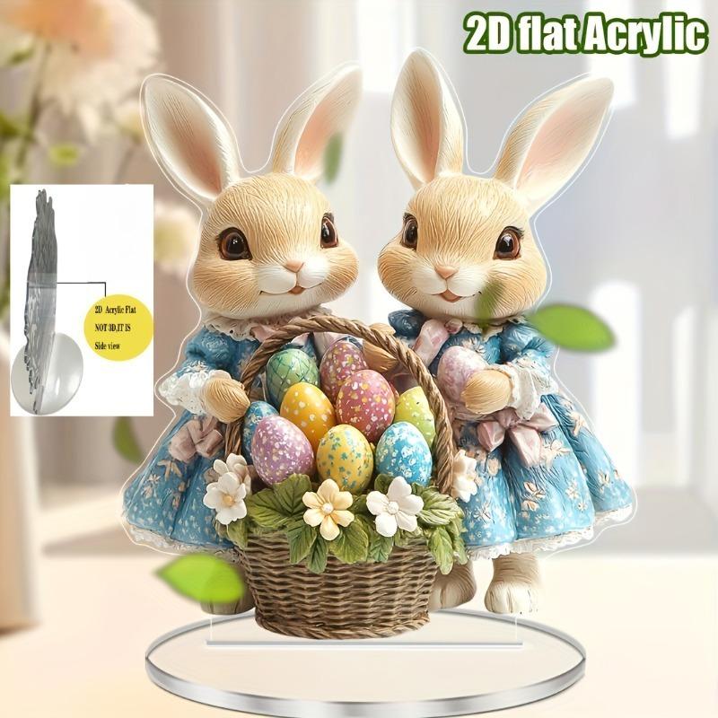 2D Flat Print Style Easter Bunny Acrylic Desktop Decoration, Colored Egg Basket, Suitable for Wall Decoration, Porch, Room, Villa, Accents Home, Hallw