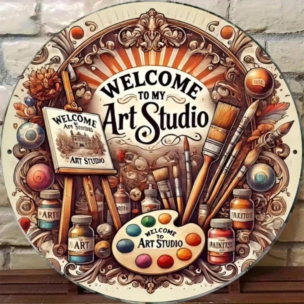Vintage Welcome Sign Round Metal Art Studio Decor Painting Palette