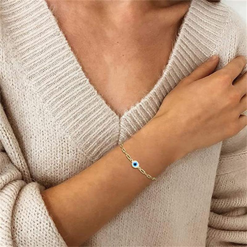 Fashion Round Evil Blue Eye Charm Bracelet for Women Stainless Steel Simple Chain Bracelets Amulet Friendship Jewelry Gifts