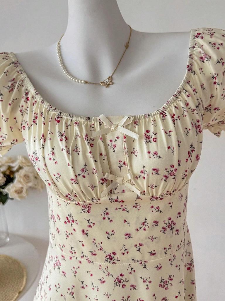 European American Women's Summer 2026 Floral Square Neck Lace-Up Ruffle Dress