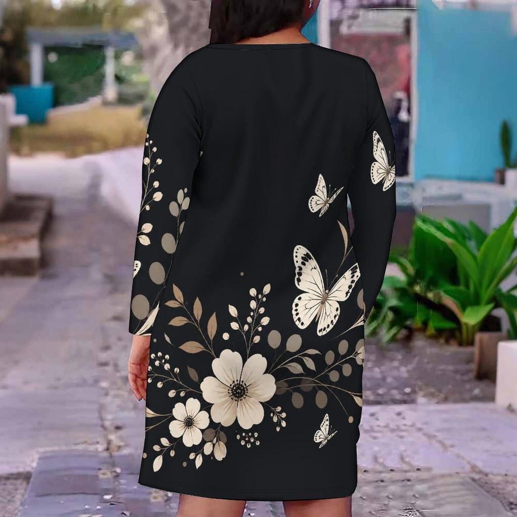 Women Plus Size V Neck Long Sleeve Butterfly Printed Fitted Straight Dress