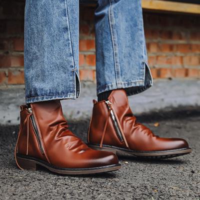 Leather Boots for Men Fashion Chelsea Ankle Boots Side Zip High Top Boot Retro Handmade Leather Boots Men Motorcycle Boot Botas