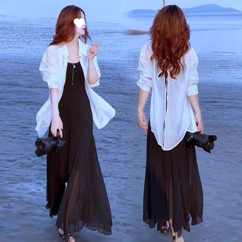 Women's 2026 Summer Stylish Slimming Sun Protection Two-Piece: Shirt with Slip Dress Long Dress Set