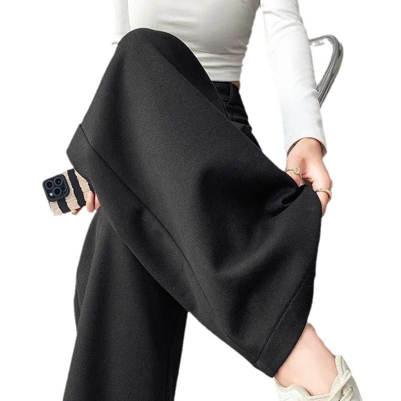 Gray High-Waisted Wide-Leg Pants for Petite, Loose Casual Commuter Style, Floor-Length for Spring/Autumn.