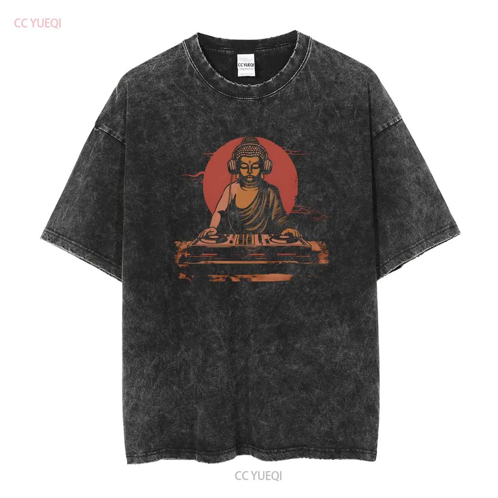 Buddha DJ In Headphones Softstyle T Shirt Long or Short Sleeves Vintage Washed Unisex Stretched Top For Everyday Wear Graphic