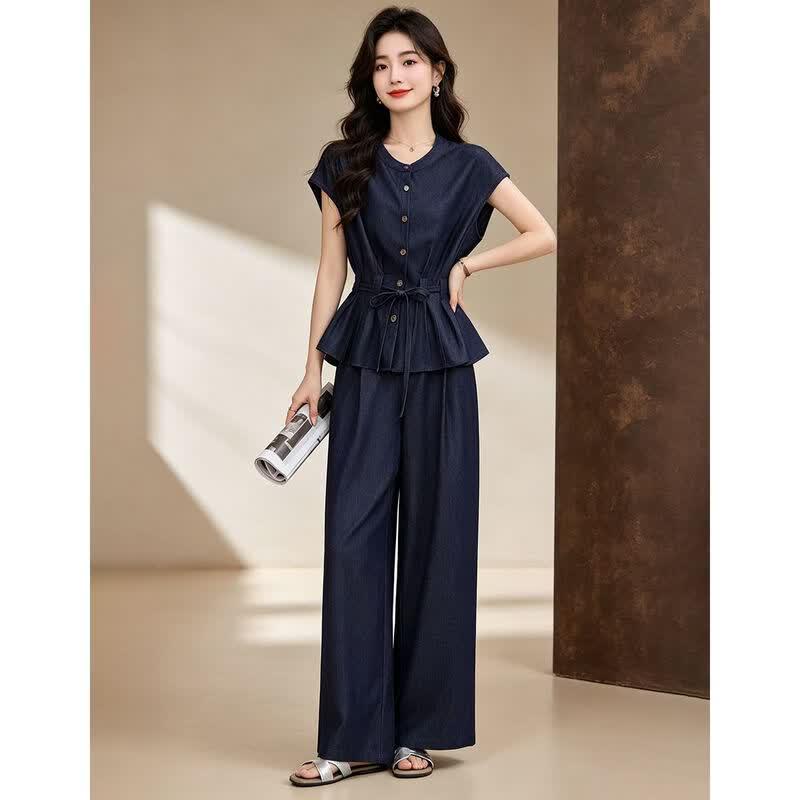D.F.DEAR Women's Round Neck Two-Piece Set with Wide Leg Pants