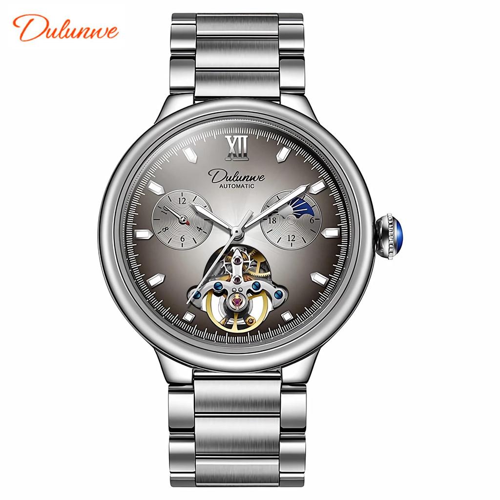 Dulunwe Luxury Men's Watch with Moon Phase & Tourbillon Retro Hollow Mechanical Wristwatch Stainless Steel Automatic Movement Men Watches