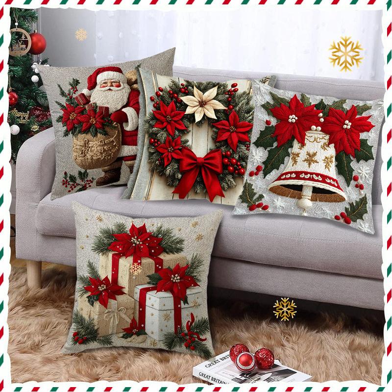 Christmas Embroidered Pillow Covers Set of 4 Santa Deer Snowman Cushion Cases Winter Holiday Sofa Decor (No Insert)
