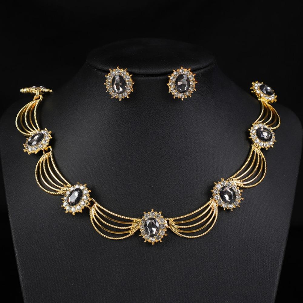 Gold-Tone Gemstone Necklace Set Geometric Statement Jewelry Set Earring Matching Set  Women