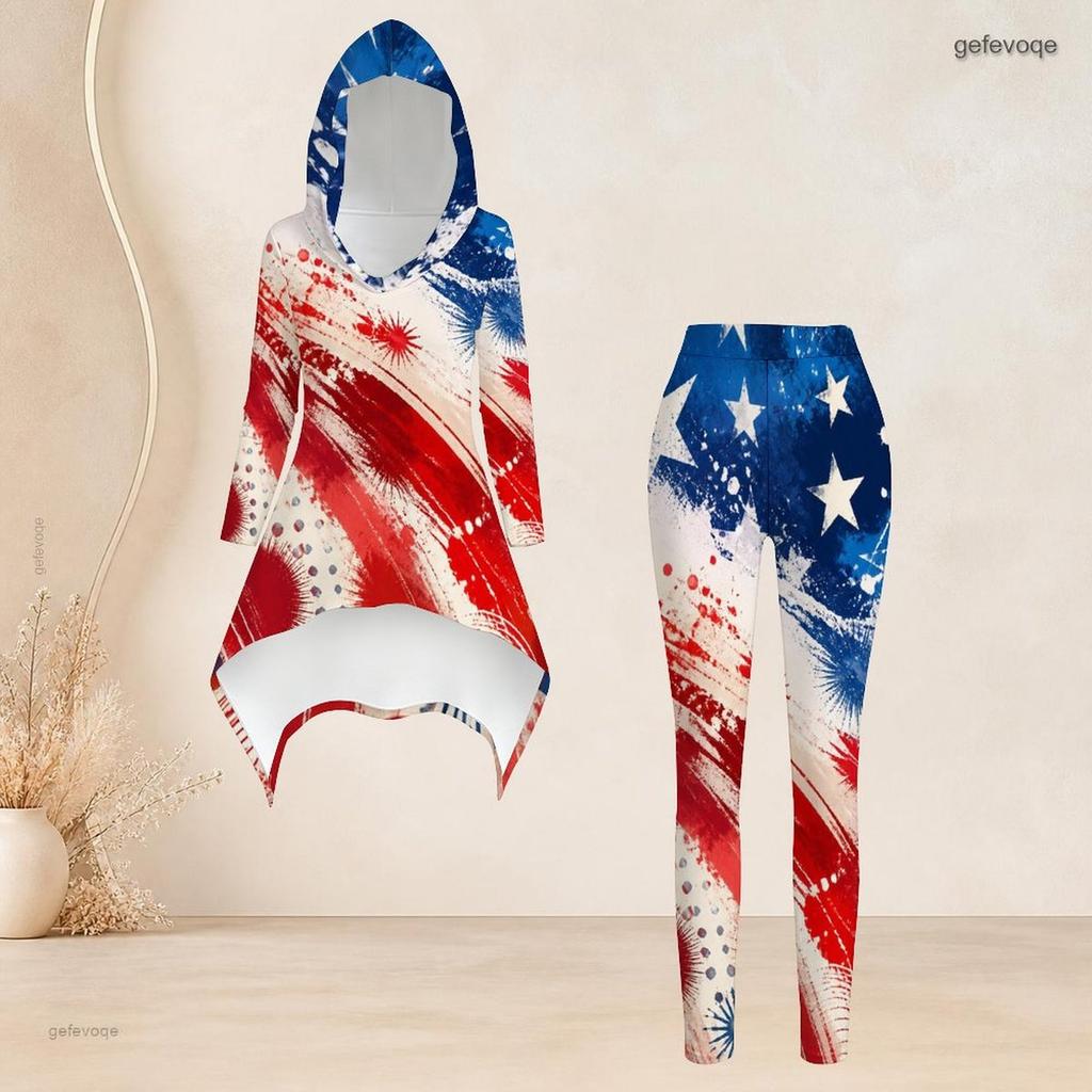 Women Plus Size Navy Blue Printed Hooded Long Sleeve High Low Top Fitted Pants Two Piece Set
