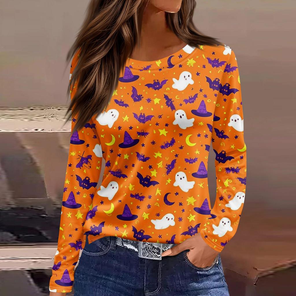 Women's Fashion Hem Slit Casual Halloween Printed Round Neck Long Sleeve Top