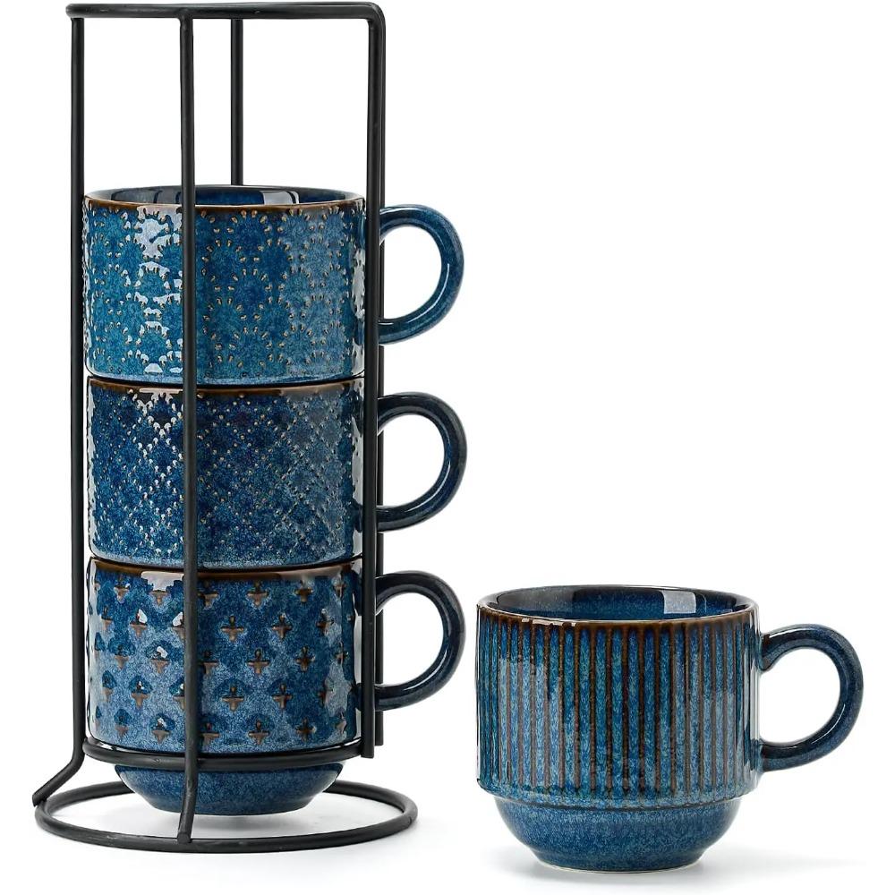 

Большой набор керамических кофейных кружек из 4 штук с подставкой, 15 унций, штабелируемые, с разным тиснением, ребристые чашки для латте для капучино 15 Oz синий