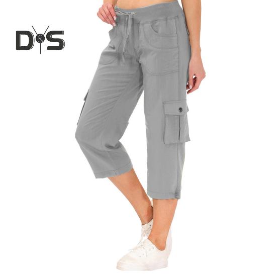 Cropped-Hose für Damen, elastischer Bund, verstellbarer Kordelzug, Wander-Cargohose mit mehreren Taschen, einfarbig, Kletterhose