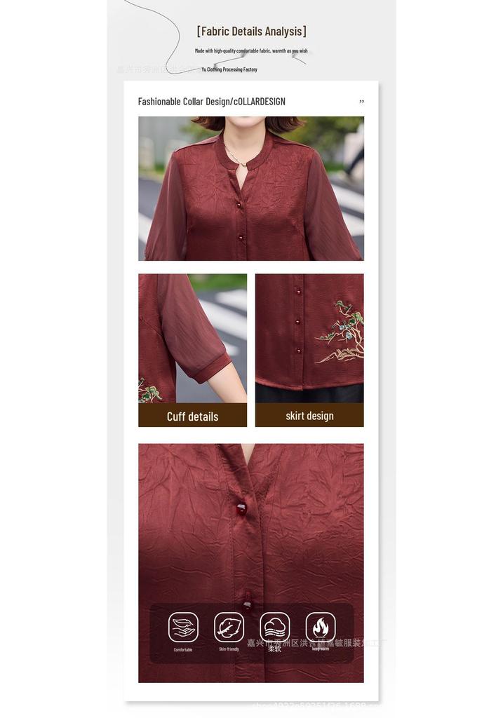 Mom's Stylish 2026 Summer Short-Sleeved Silk Blouse and T-Shirt Set for Middle-Aged and Elderly Women