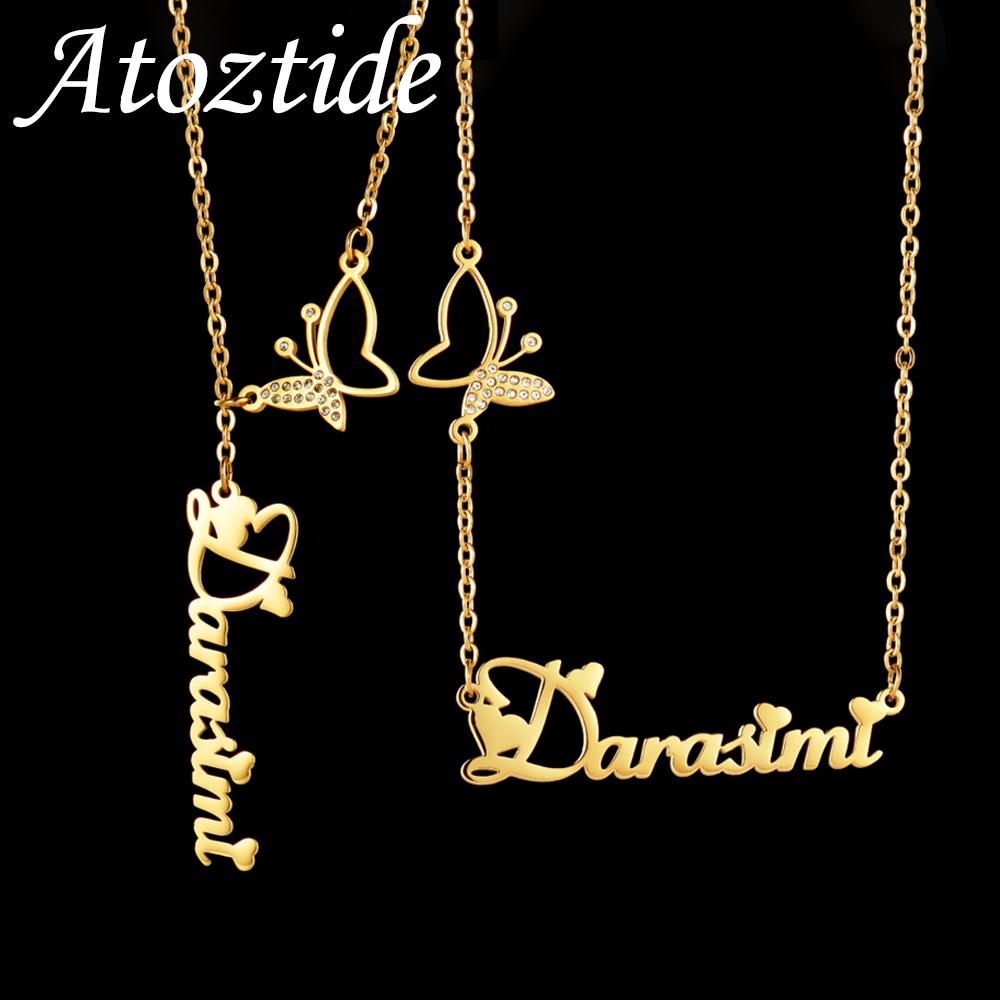 Atoztide Custom Name Necklace for Women Stone Zircon Butterfly Stainless Steel Jewelry Choker Chain Personalized Birthday Gift