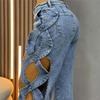 Women Streetwear Cutout Hollow Out Criss Cross Side Wide Leg Blue Denim Pants 2026 Fashion Sexy Party Jeans Trousers