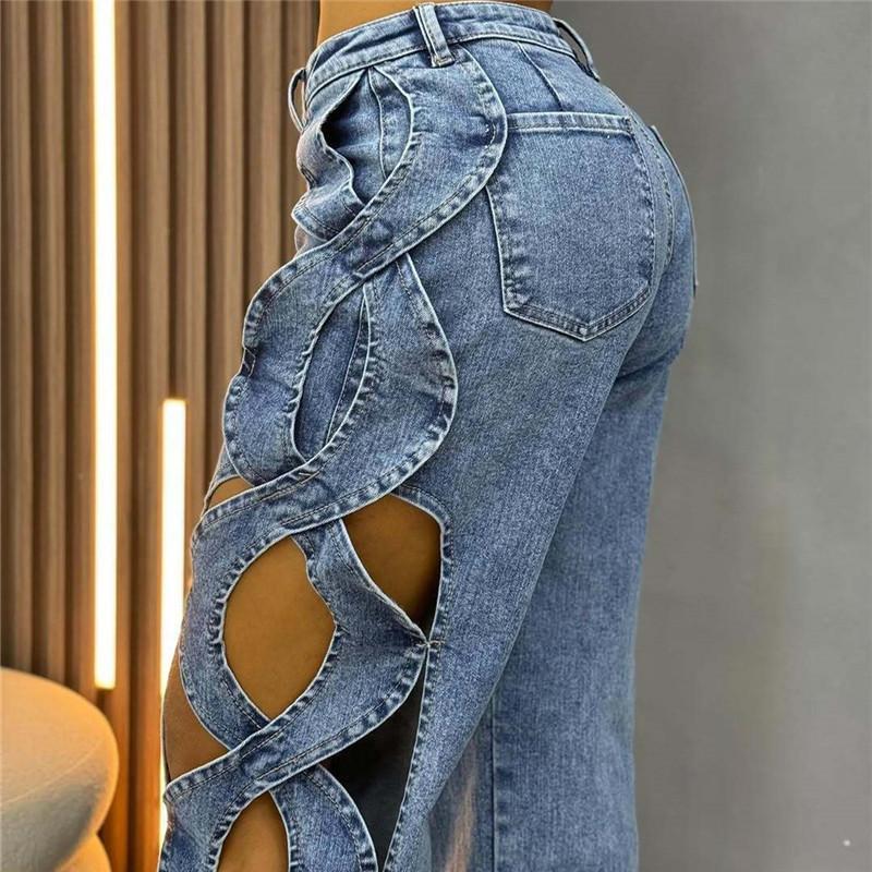 Women Streetwear Cutout Hollow Out Criss Cross Side Wide Leg Blue Denim Pants 2026 Fashion Sexy Party Jeans Trousers