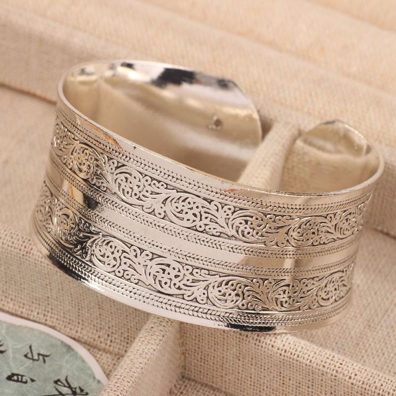 Bohemian Ethnic Style Retro Silver Wide Bracelet For Women Carved Flower Opening Fashionable Bracelet Boho Vintage Jewelry