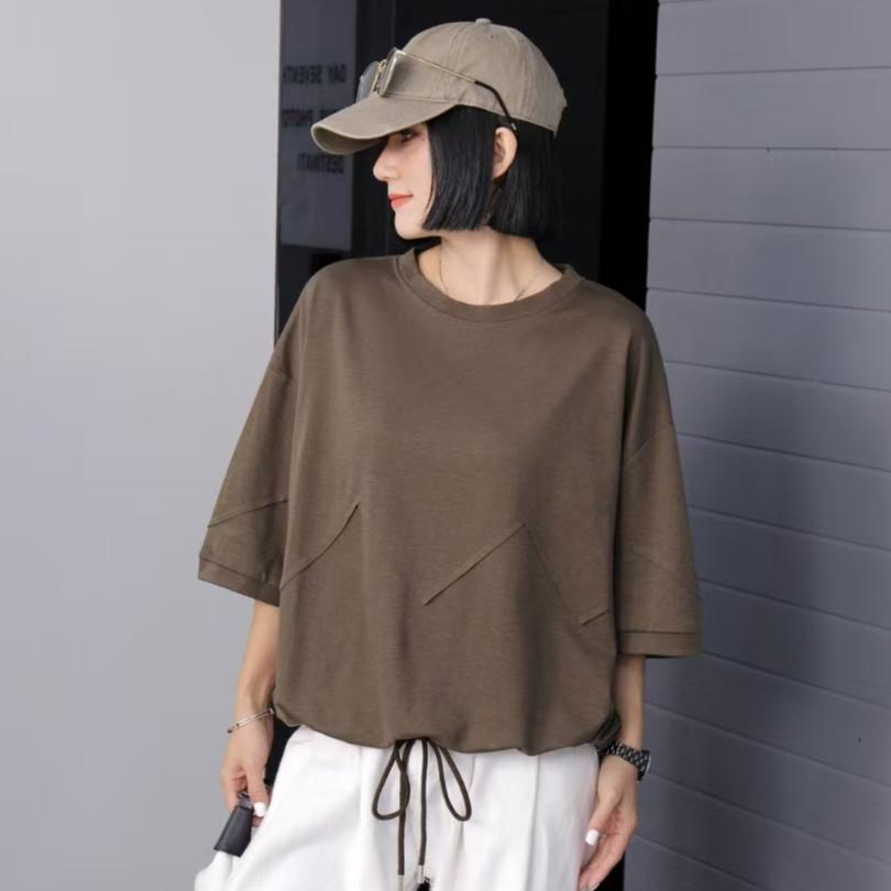 DIMANAF 2025 Plus Size Summer Solid Bat Stripe T-shirt Women Short Sleeve Loose Tops New Tees