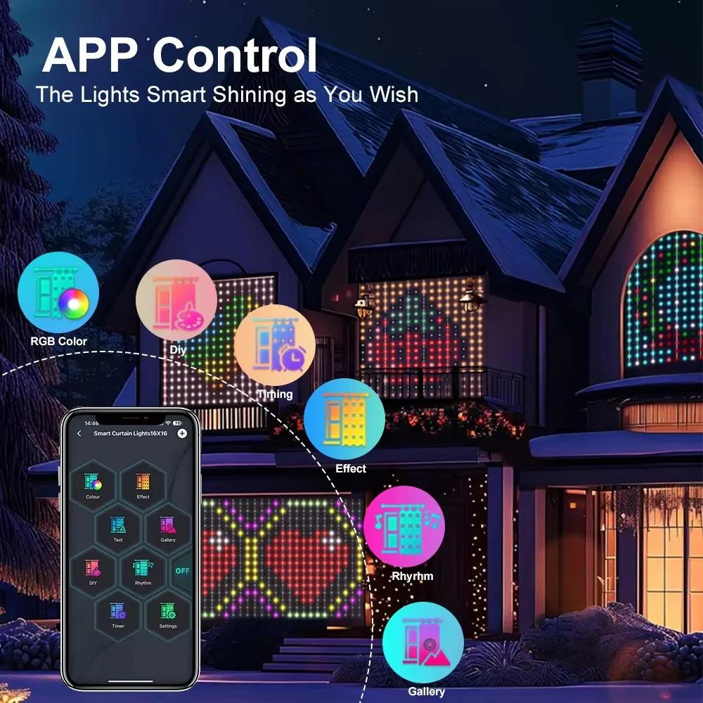 Smart LED Curtain Lights with Remote Control Musical Rhythm APP DIY Color Text and Pattern Window Hanging String for Home Decor
