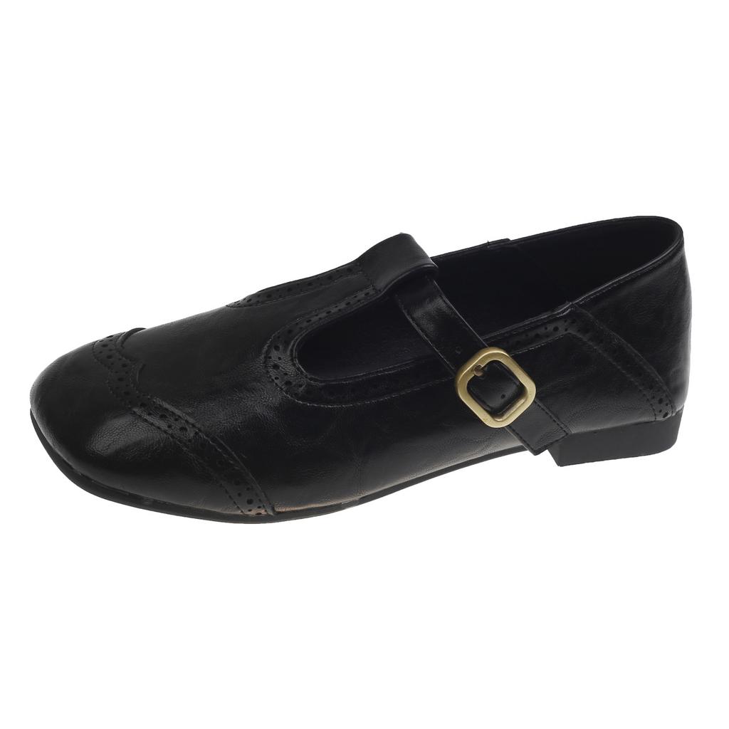 French Retro Engraved Light Mouth Belt Buckle Mary Jane Women's Shoes 2025 New Comfortable and Lightweight Flat-bottomed Small Leather Shoes