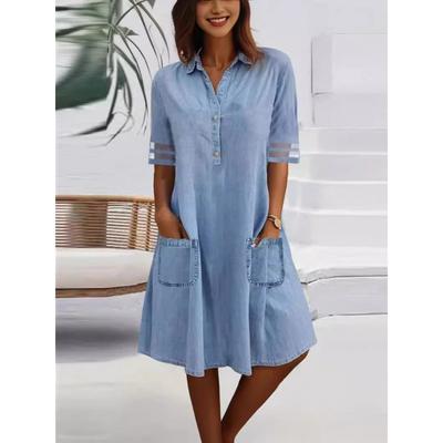 Light Blue Denim Dress with Sheer Sleeve Details, Button Front, and Side Pockets