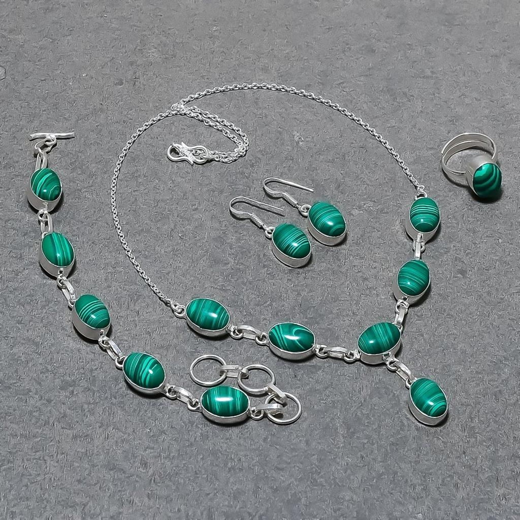 Malachite Oval Shape Gemstone Jewelry Set Unique Necklace Bracelet Ring Earrings