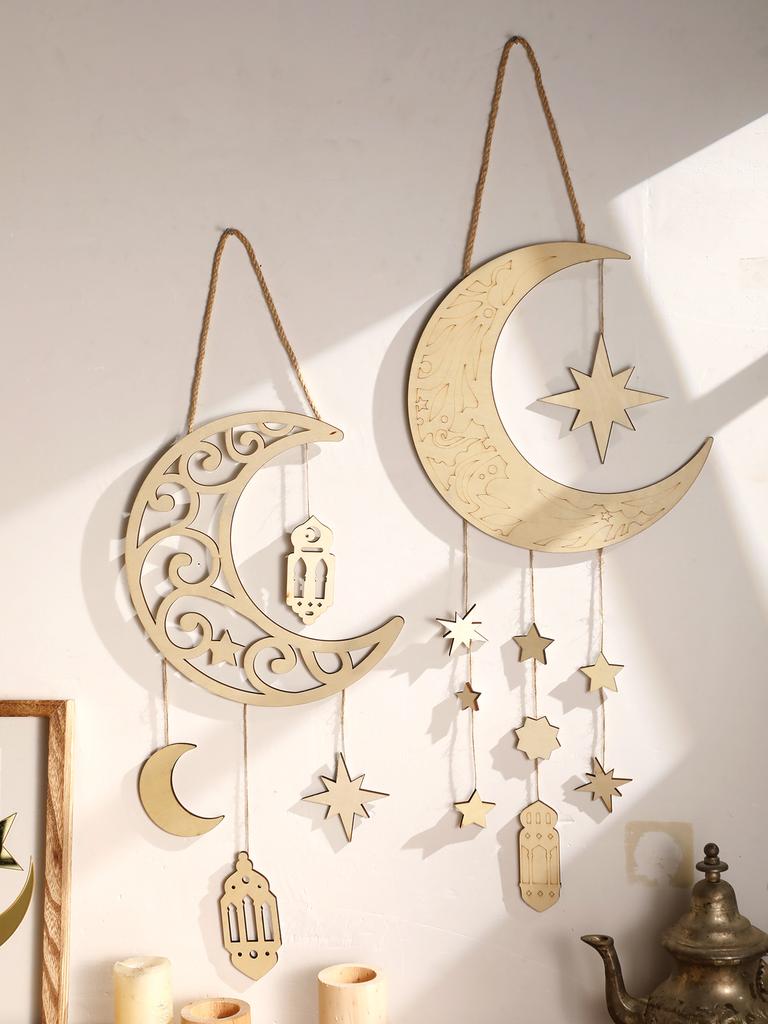 1 Stück Ramadan Mond Stern Wandbehang Islamische Hohle Holzdeko mit Laternen Festliche Heimdeko Ramadan & Eid Wanddekorationen