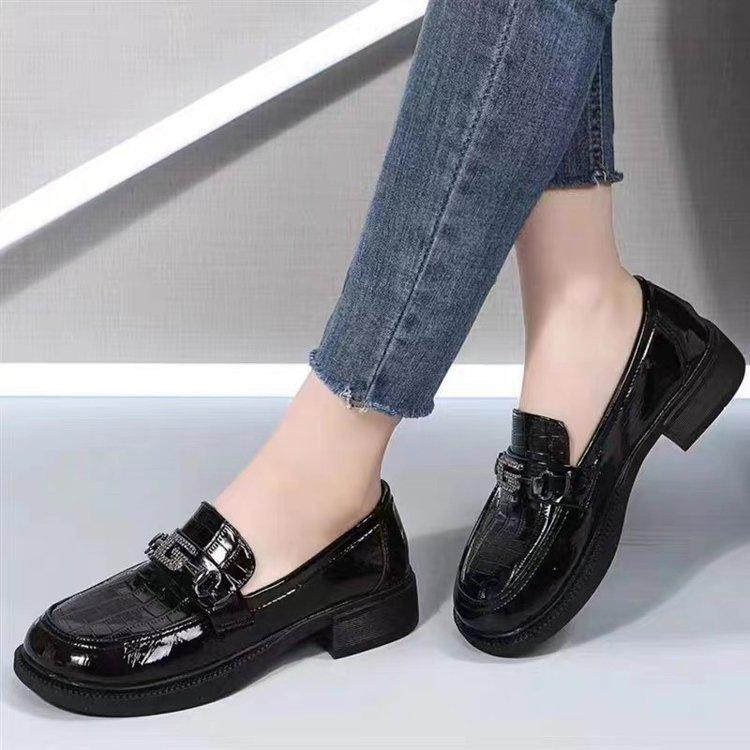 Internet-Berühmtheit Retro Britischer Stil Kleine Lederschuhe Runde Spitze Vielseitig Japanische Weiche Sohle Lackleder Dicke Ferse Loafer Einzel