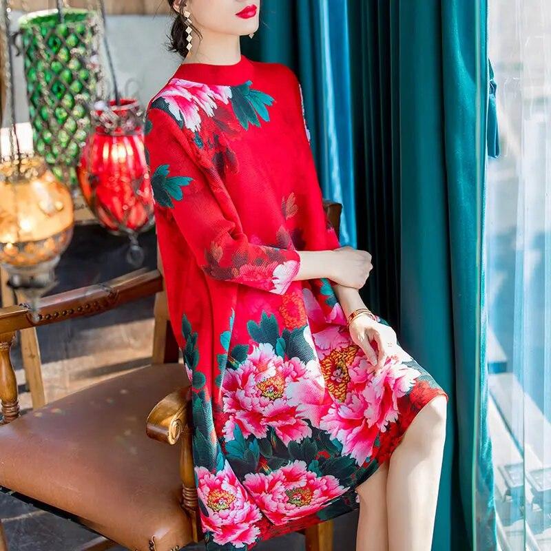 Frauen kleiden China stil mode lose falten kleid weibliche herbst neue sieben-punkt ärmel druck langen absatz rock kleid