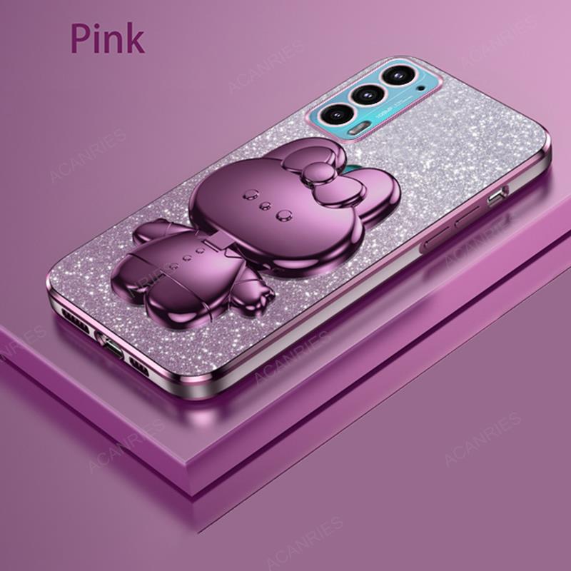 Cute 3D Rabbit Makeup Mirror Stand Plating Case For Motorola Moto Edge 20 30 G9 G8 Power Play Plus Protect Back Cover On Edge20