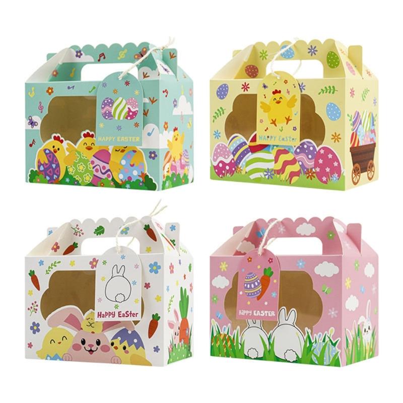 12Pcs Easter Themed Gift Packaging Boxes with Handles and Clear Window Candy Chocolate Holder Case for Holiday Supplies