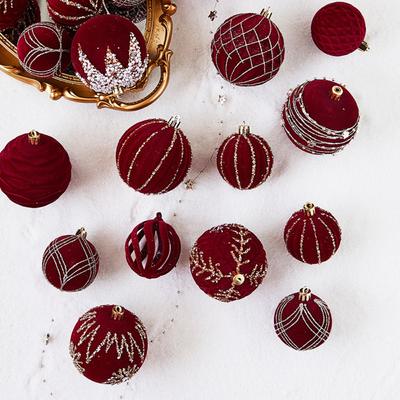 4pcs 6/8cm Wine Red Flocking Christmas Balls Sequined Various Style Combinations Christmas Tree Ornament Balls Sparkling