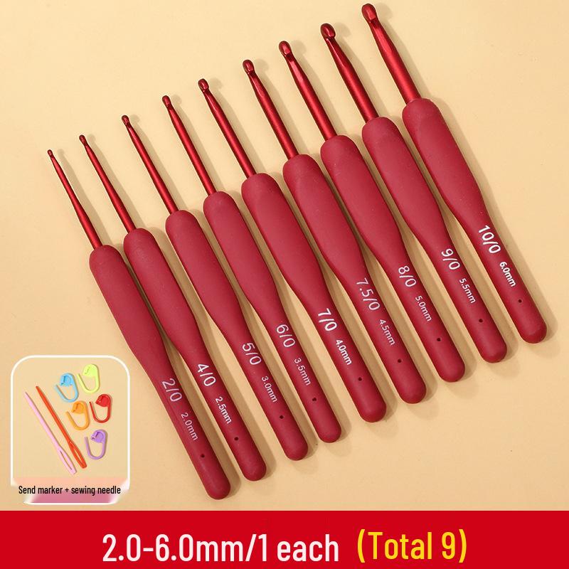 Red Soft Grip Crochet Hooks Set: Handmade Silicone Non-Slip Knitting Needles with Bag