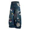 Unisex Vintage College Style Washed Denim Jeans With Embroidered Cartoon Motif Loose Straight Cut Casual Pants