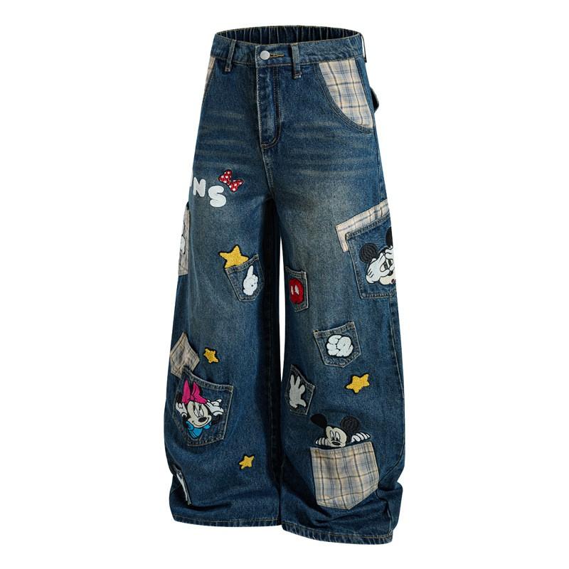 Unisex Vintage College Style Washed Denim Jeans With Embroidered Cartoon Motif Loose Straight Cut Casual Pants