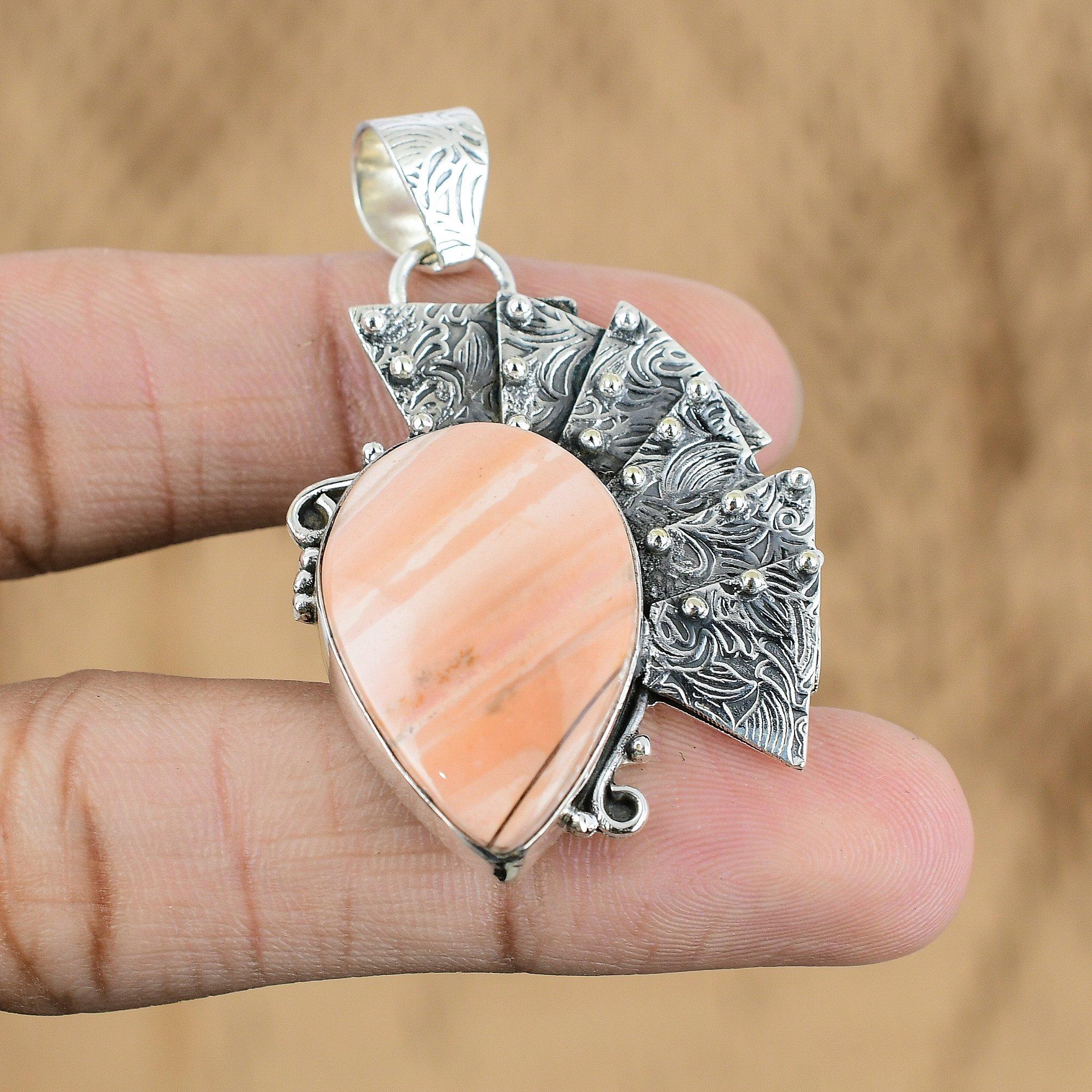 

Womens day Sale Pink Lace Agate Gemstone Daughter Ethnic Pendant Sterling Silver