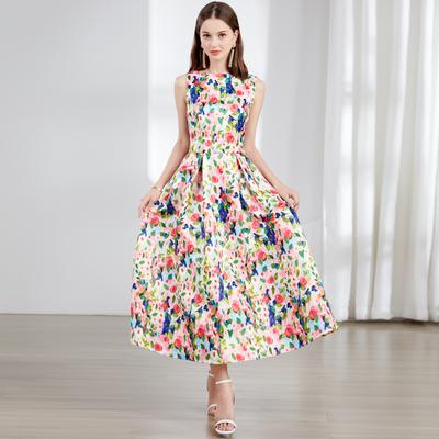 Fashion Colorful Floral Print Jacquard Summer Dresses Women Elegant Sleeveless Draped Party Prom Slim Tank Dress