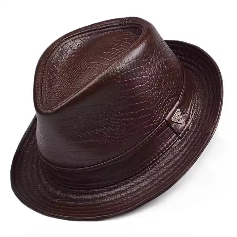 Men's Cowhide Fedora Hat - Autumn/Winter Retro Leather Gentleman's Jazz Cap for Middle-Aged & Elderly